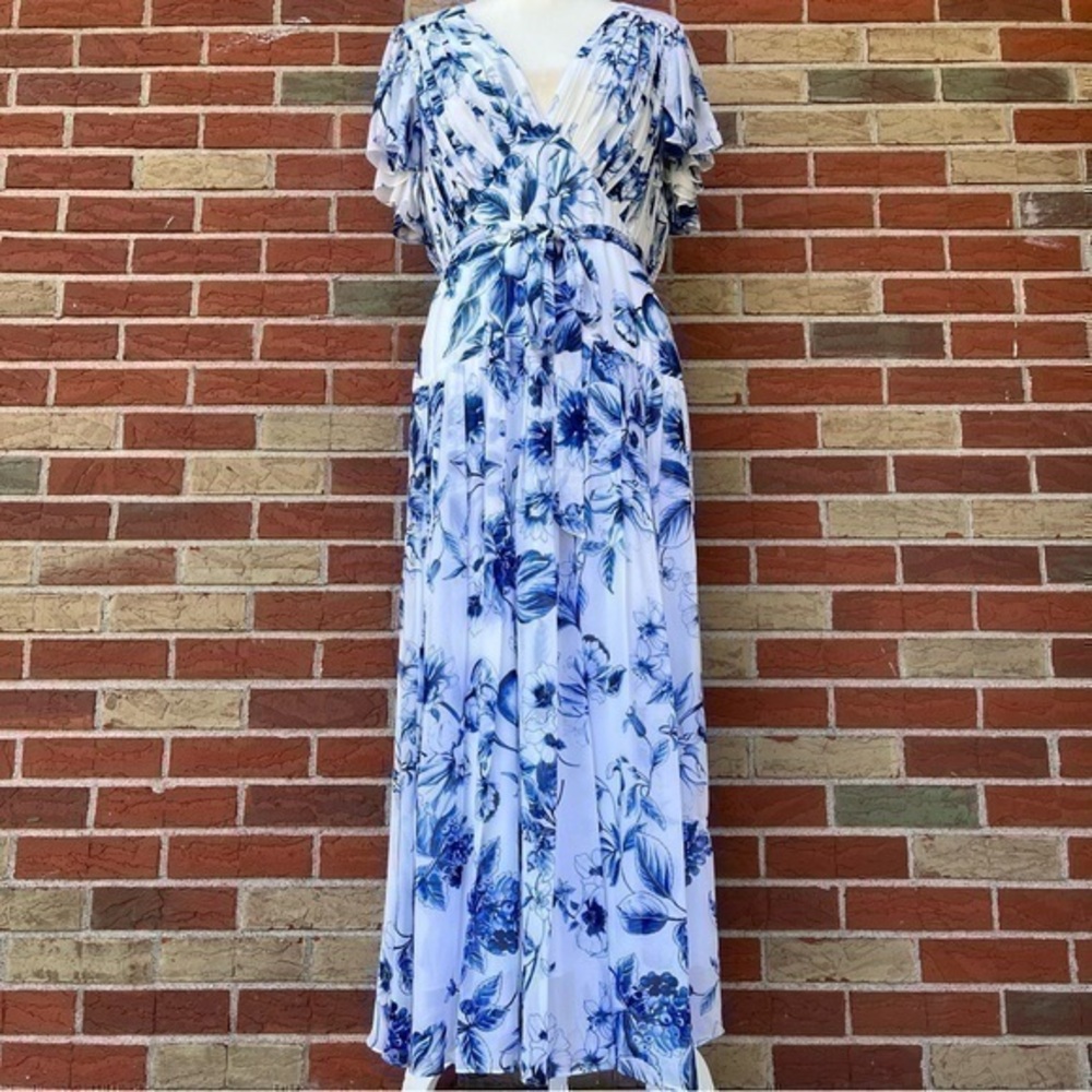 Monique Lhuillier Floral/Fruit Print Flutter Sleeve White Blue Maxi Dress 👗